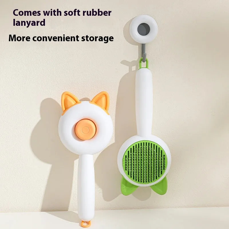 Self-cleaning cat grooming comb with stainless steel pins in greenish white colour