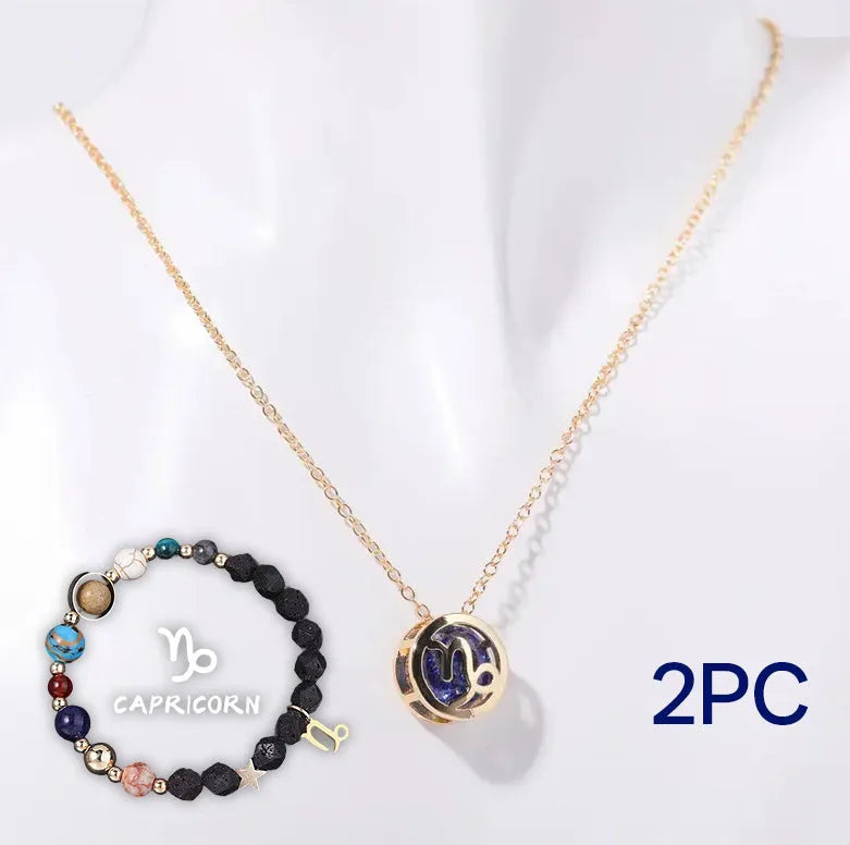 Natural stone beaded necklace and matching bracelet set laid flat, showing one of twelve available style variations.