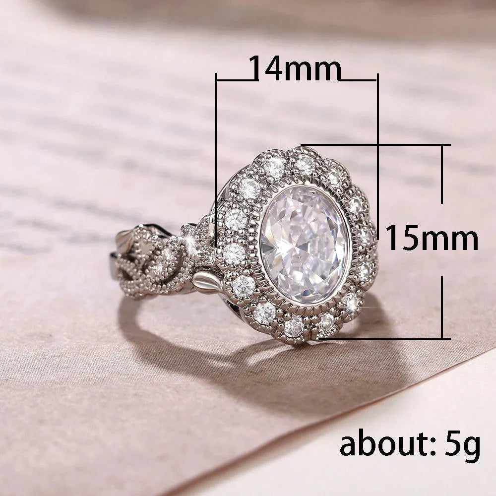 Women's geometric ring with round zircon stone and white gold coloured diamond copper plating