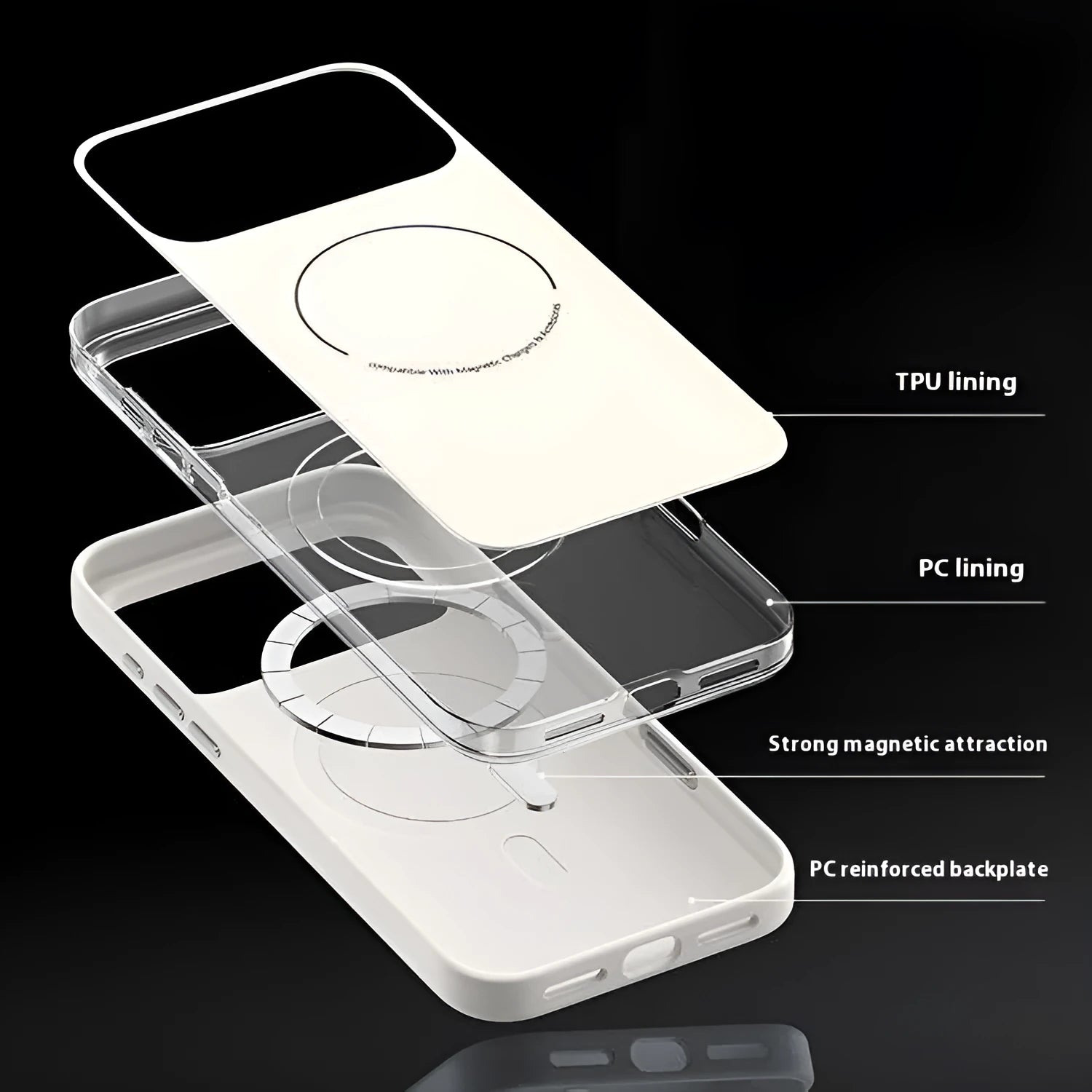 Black frosted magnetic protective phone case for iPhone 17 Pro Max with visible camera button cover.