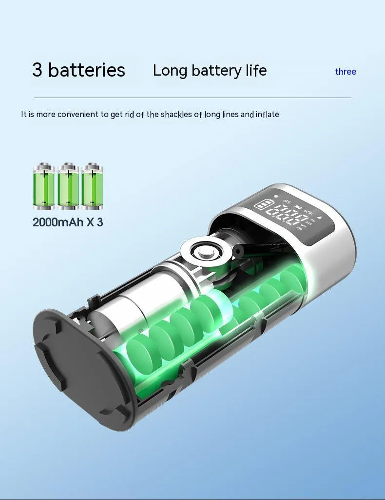 Black portable wireless smart air pump with LED light, USB cable, and nozzles for car, bike, ball, and swimming ring.
