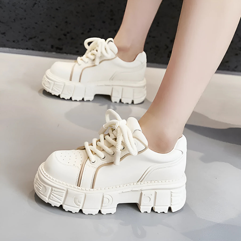 Beige leather casual shoes with thick rubber foam soles for height increase