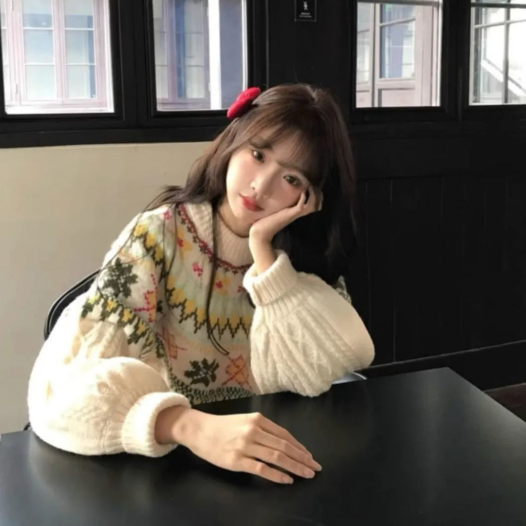 Women's milky white lantern sleeve loose Mori knitwear pullover sweater on hanger