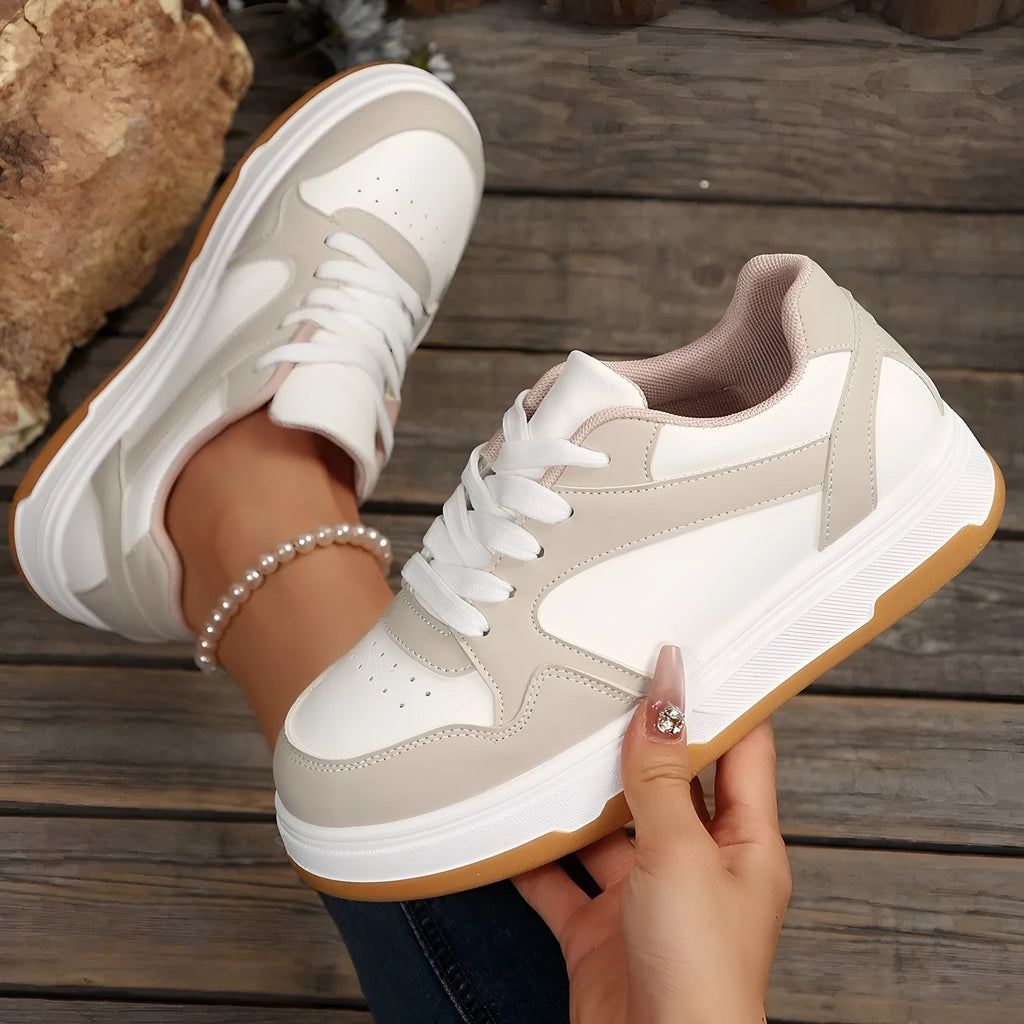 Women's khaki Korean-style thick-soled casual sneakers with PU patent leather upper and cross-strap design