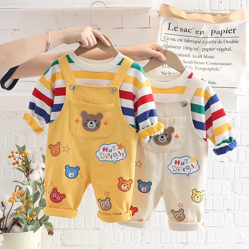 Boys' cotton plaid overalls suit with shirt and strap pants in beige or yellow colour