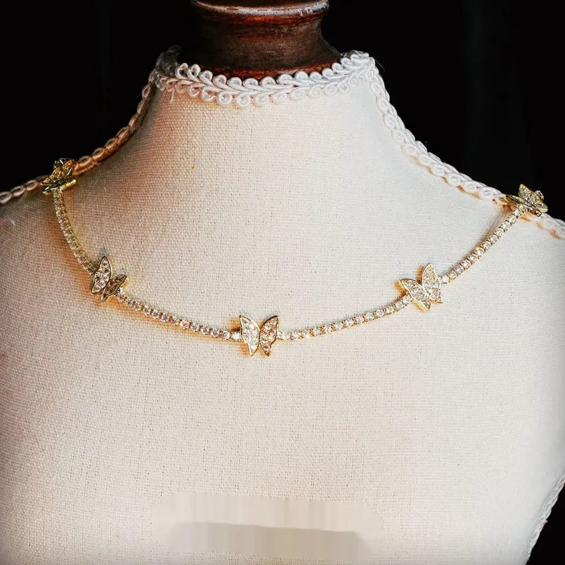 Gold alloy butterfly pendant necklace with zircon stones on adjustable chain from 21 to 50cm