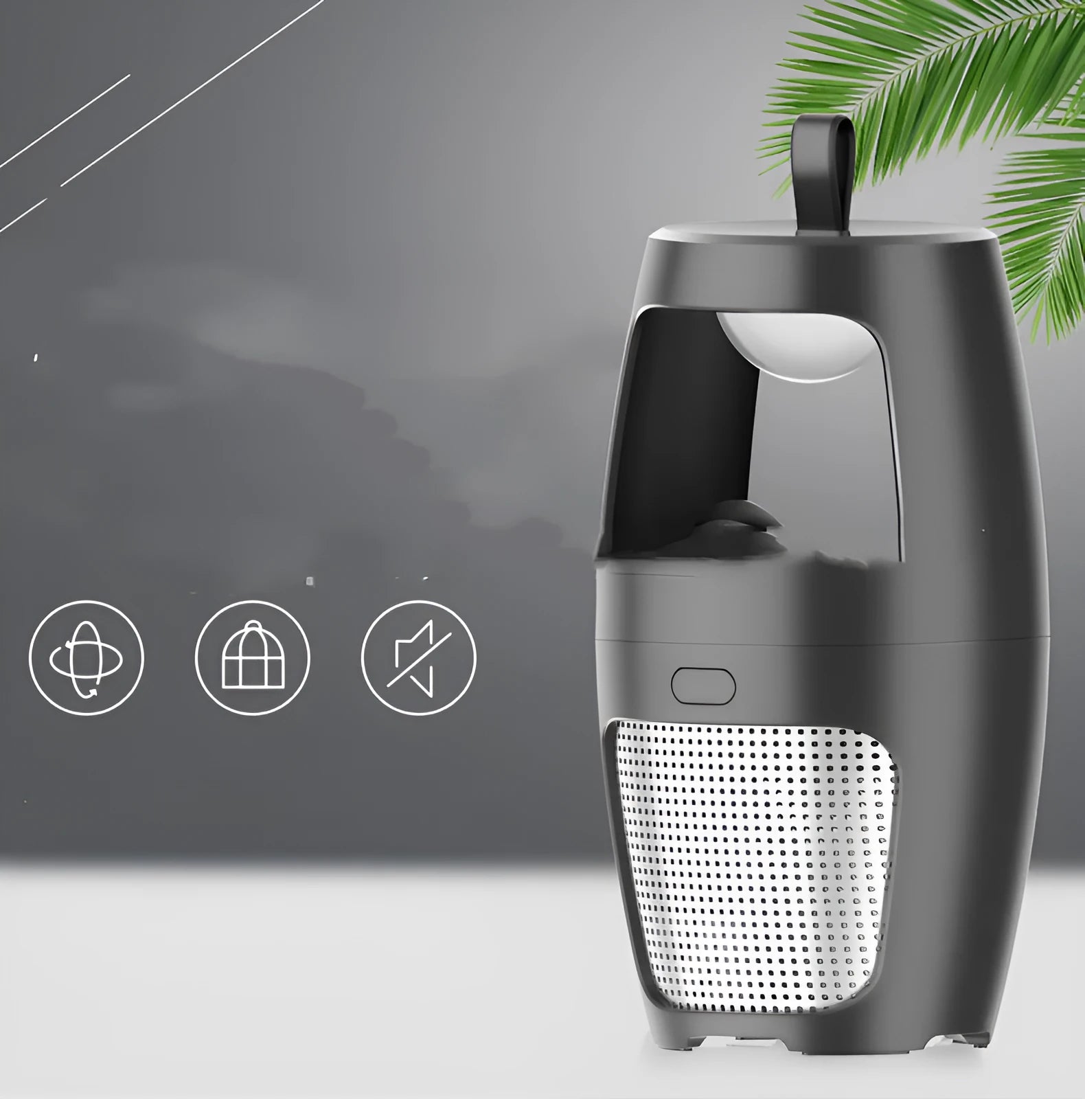 Black indoor mosquito killer lamp with USB port on white background showing dimensions 115x115x227mm