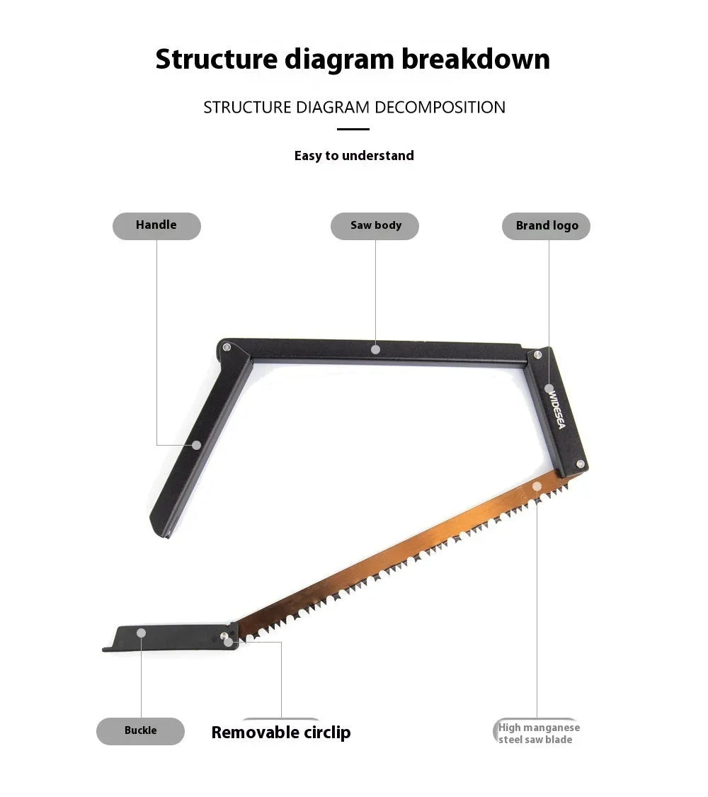 Black outdoor foldable saw with a PA66 nylon handle shown in both open and closed positions.