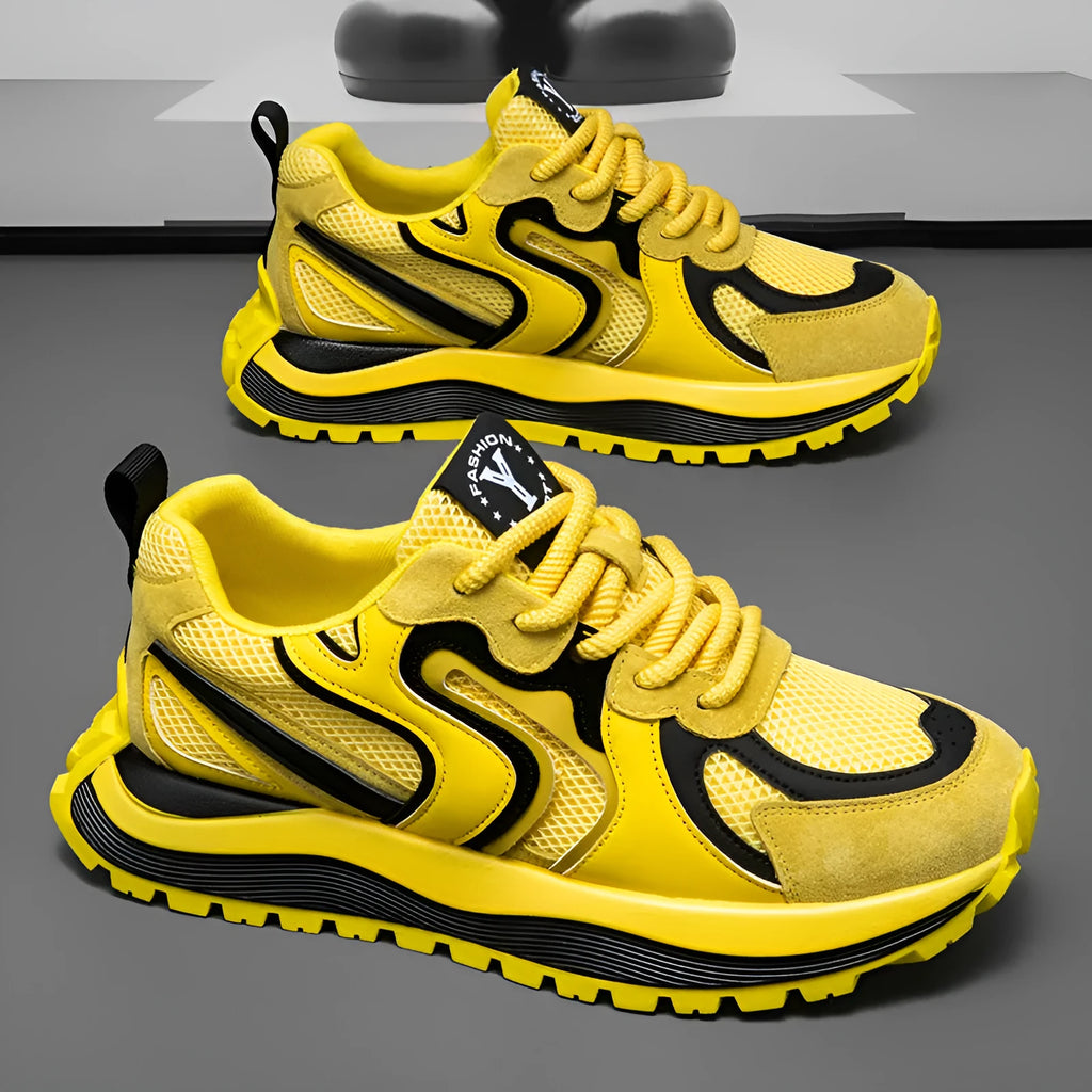 Men's casual sneakers in black, white, or yellow with mesh upper and rubber sole