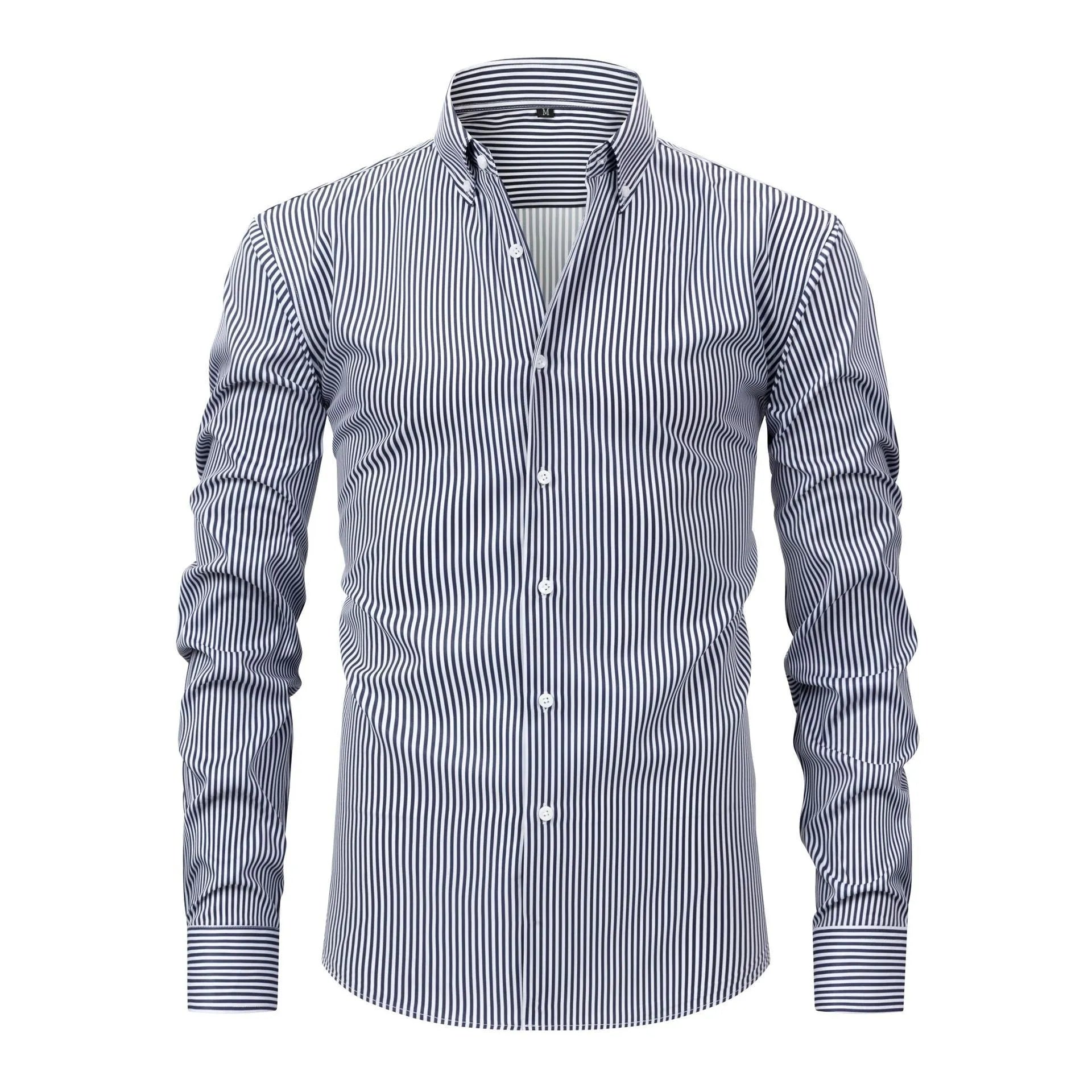 Man wearing a blue striped non-ironing business casual shirt with a lapel collar.