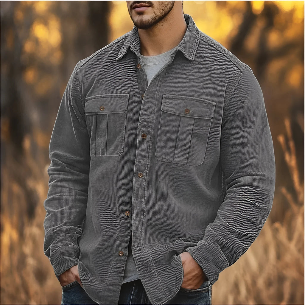 Men's loose-fit corduroy shirt in Japanese retro style, shown in Army Green colour.