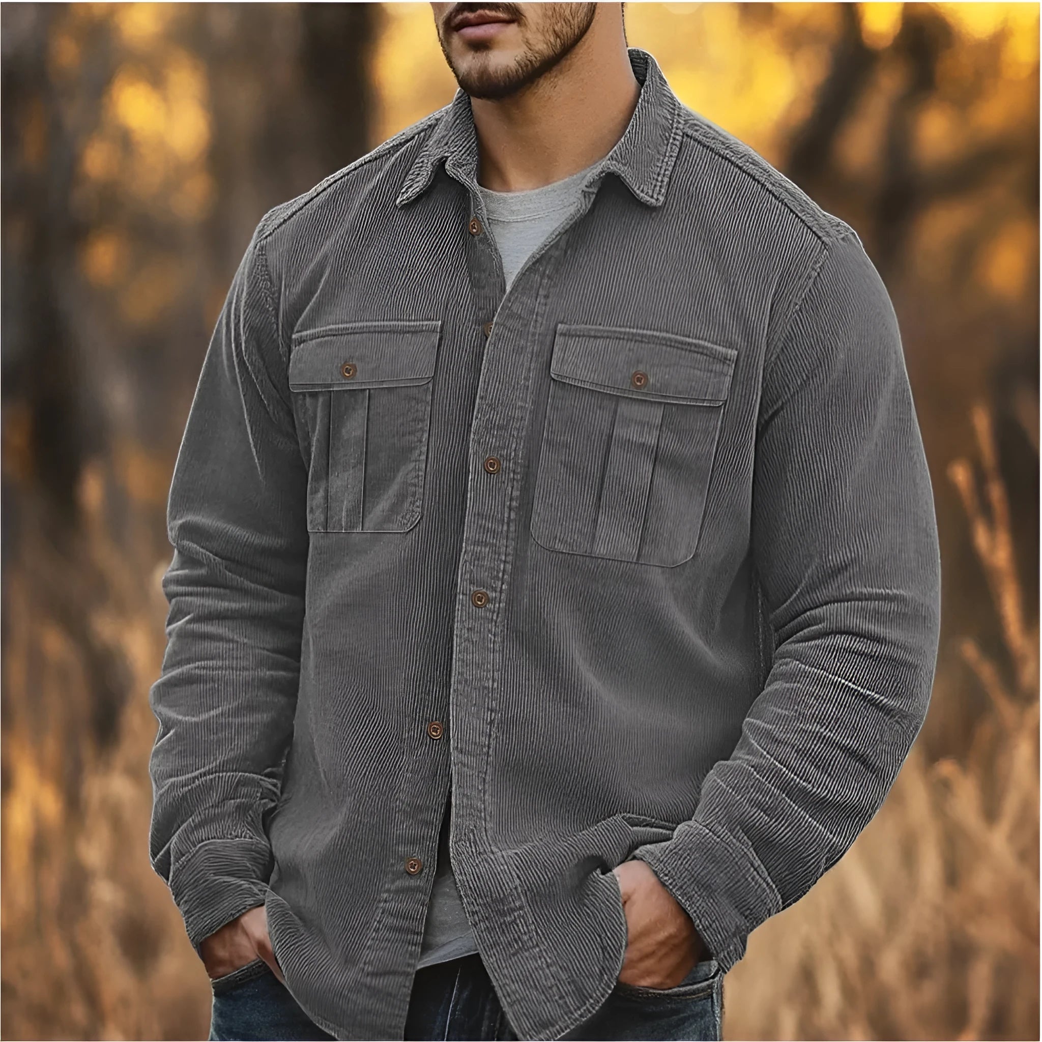 Men's loose-fit corduroy shirt in Japanese retro style, shown in Army Green colour.