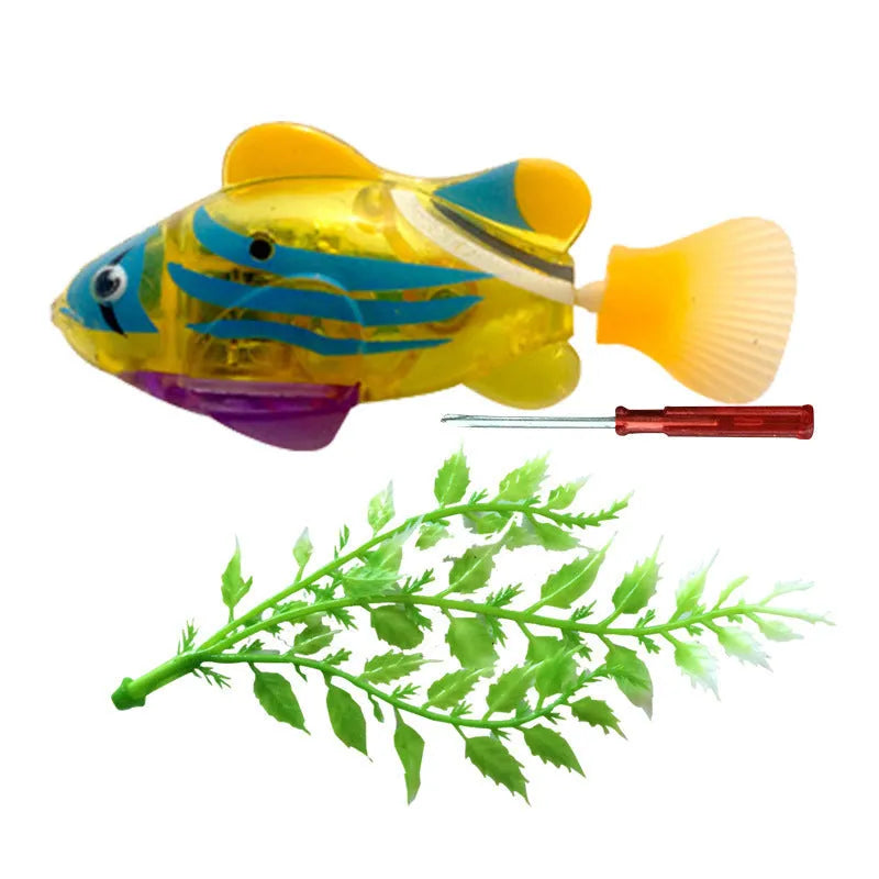 Electronic LED cat toy fish with swimming motion and light-up grass section
