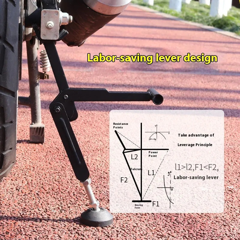 Universal steel motorcycle lifting stand for front and back wheel repair, single and double arm frame compatible, black finish