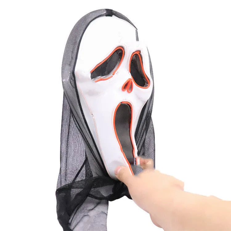 Halloween scary skull LED glowing screaming mask with white shell and ice blue light on plastic headgear