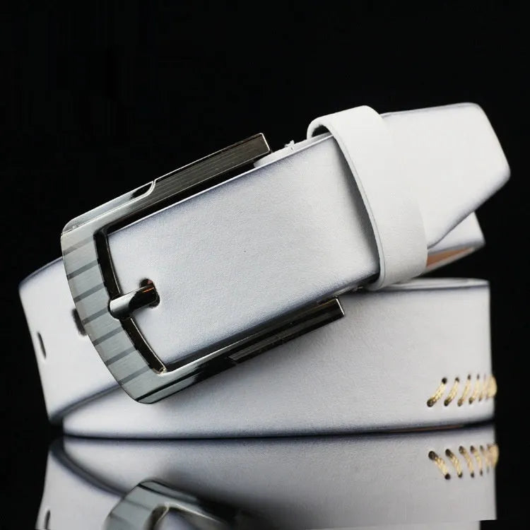 Men's threading pattern belt with pin buckle in black, brown, and white colour options