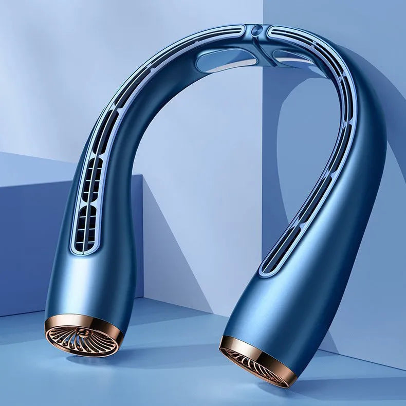Bladeless neck fan with cold aluminium sheets, 4000mAh battery, lightweight design for outdoor summer cooling