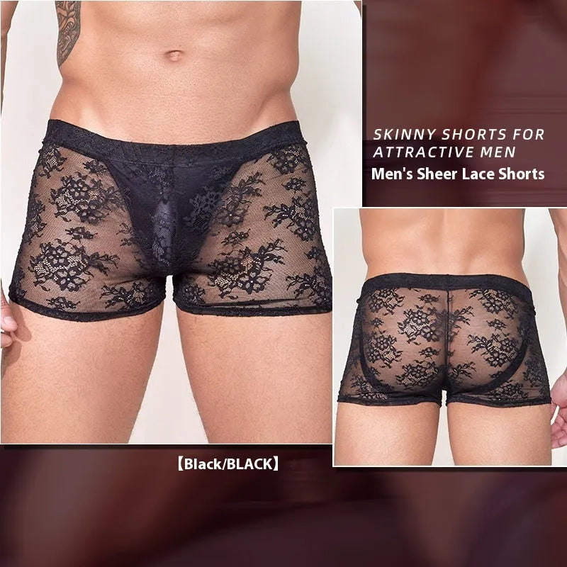 Men's black nylon boxers with white lace trim detail on the waistband.