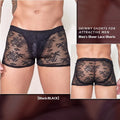 Men's black nylon boxer briefs with lace trim detail on a white background.