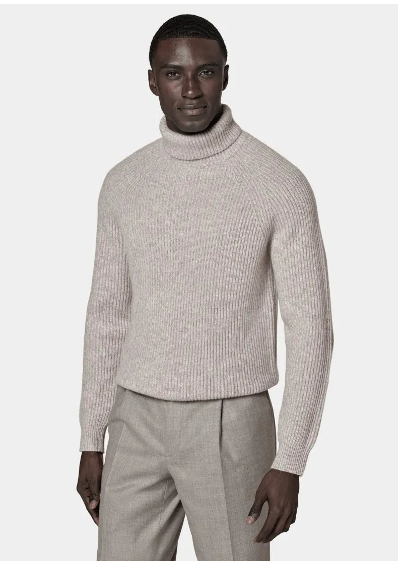 Men's cashmere high-neck knitted sweater in brown colour, 100% goat hair long sleeve pullover