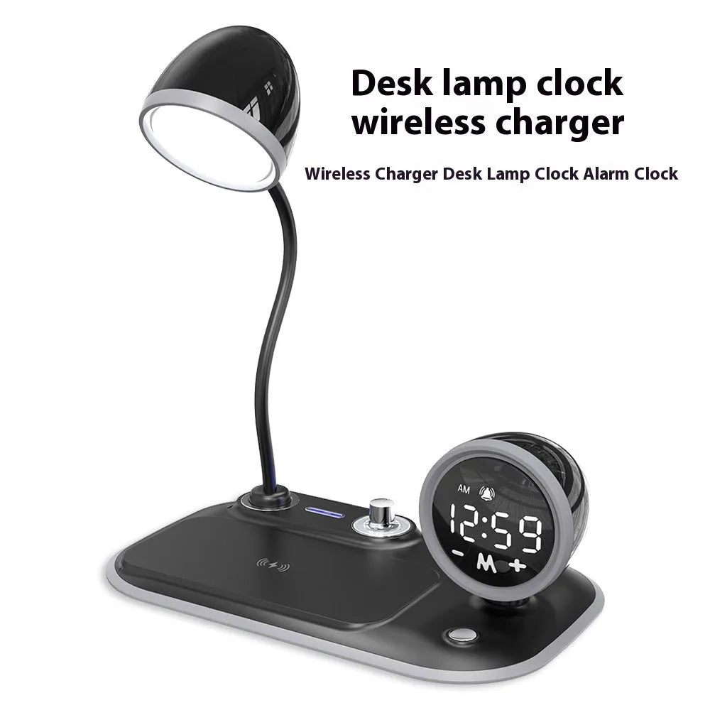 White three-in-one desk lamp with wireless charging pad, digital clock display, and eye protection lighting