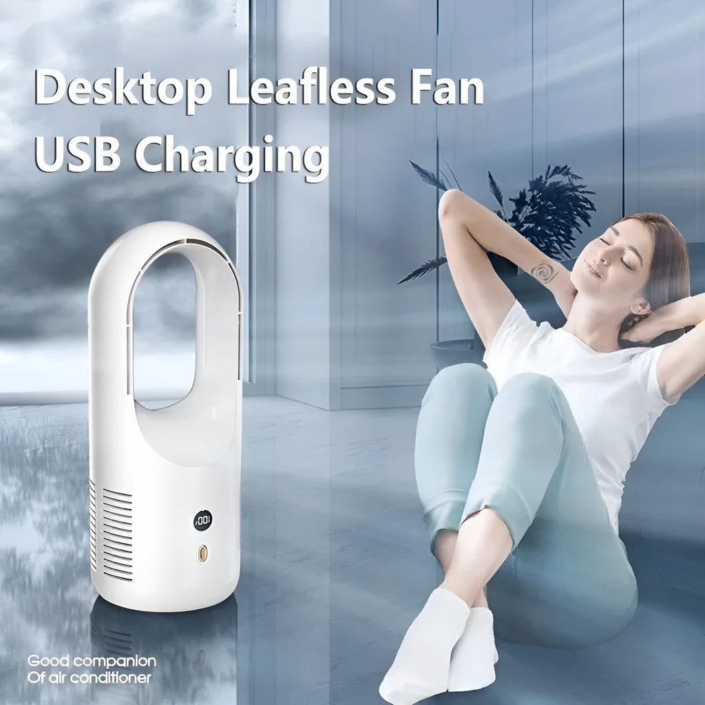 X28 Vaneless bladeless desktop fan with USB port and LED display on a desk