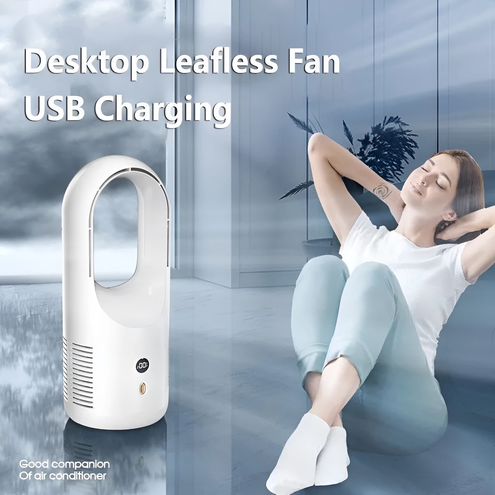 X28 Vaneless bladeless desktop fan with USB port and LED display on a desk