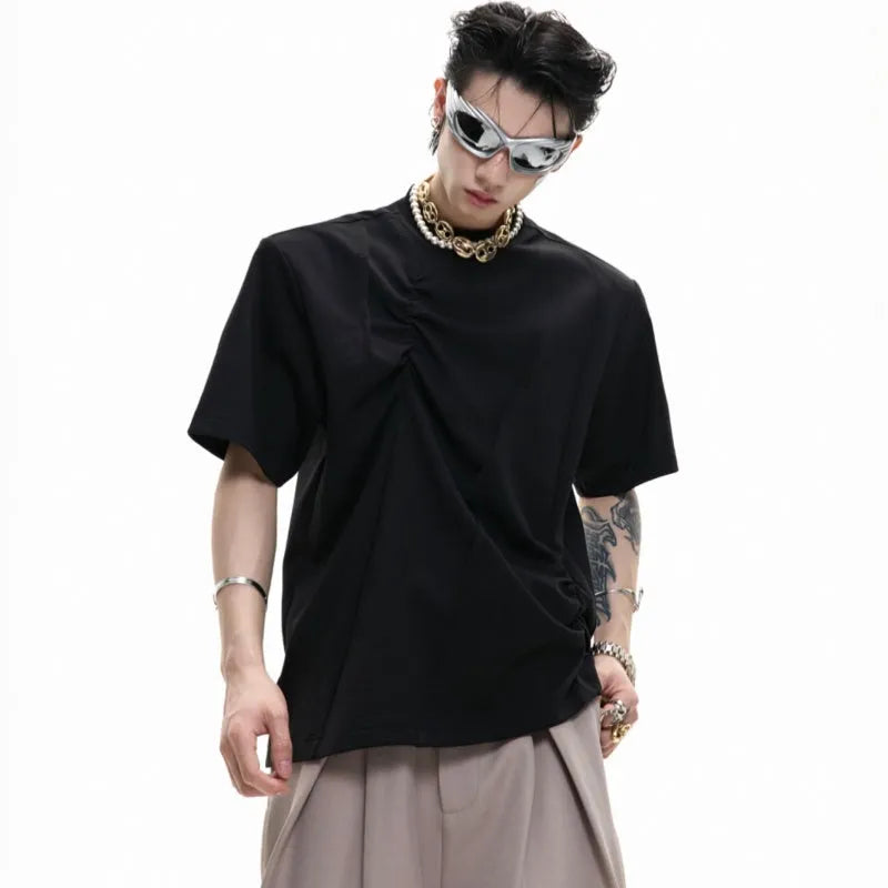 Men's loose fit cotton T-shirt with pleated detail and round neck in grey.