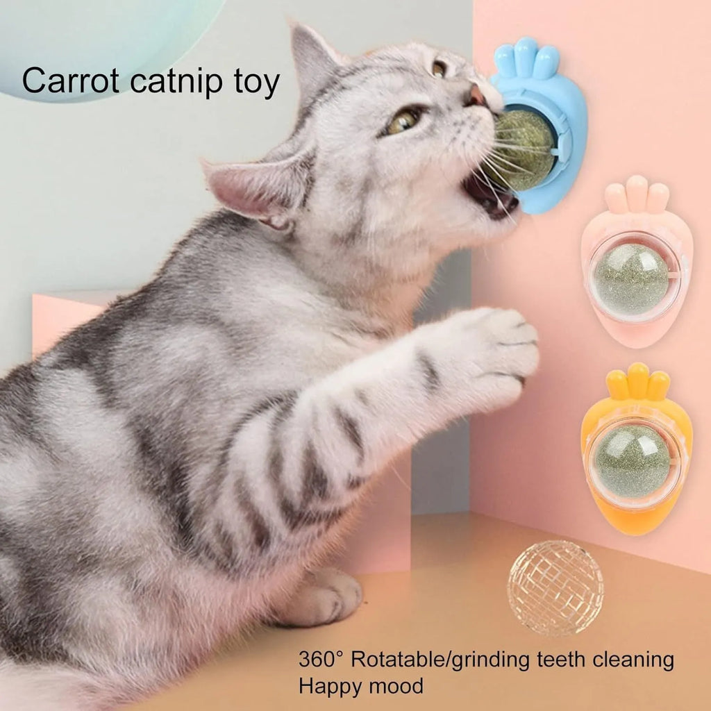 Blue carrot-shaped catnip ball with self-adhesive sticker for wall mounting and feline dental care