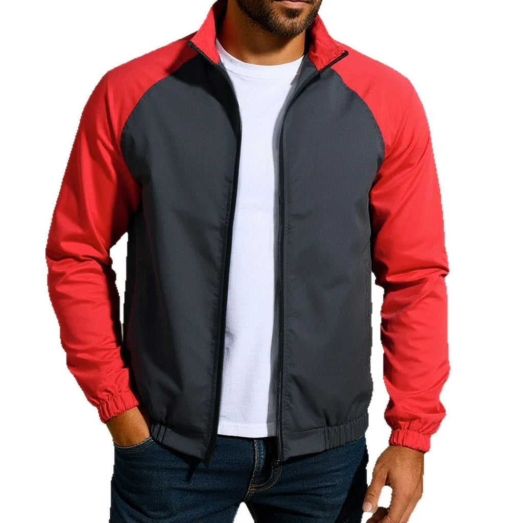 Men's loose-fitting casual coat with a stand collar and contrast trim, shown in green.