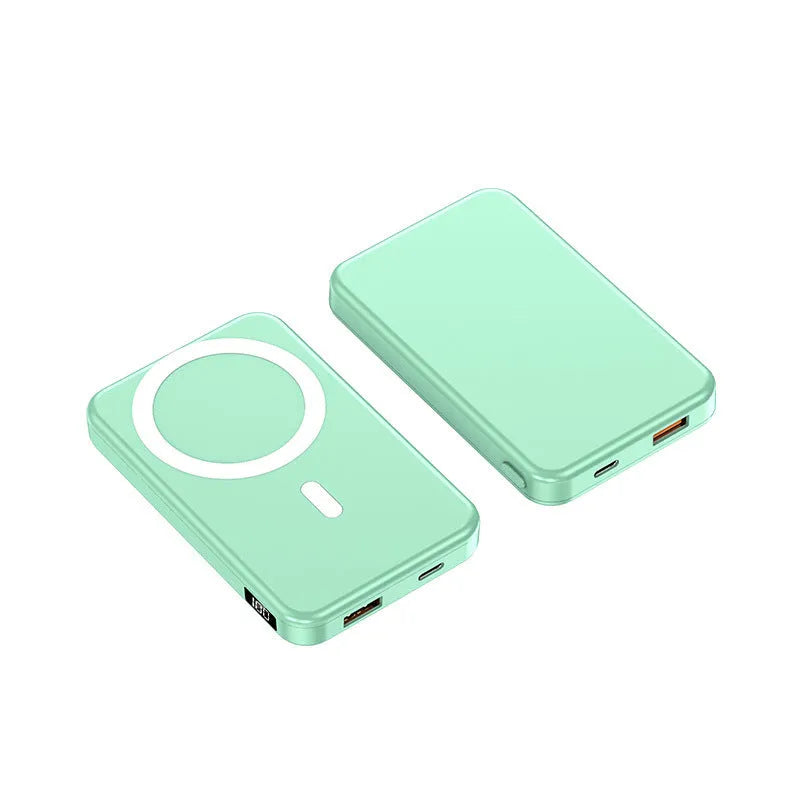 Ultra-thin portable power bank with magnetic wireless charging in black, blue, and white colour options