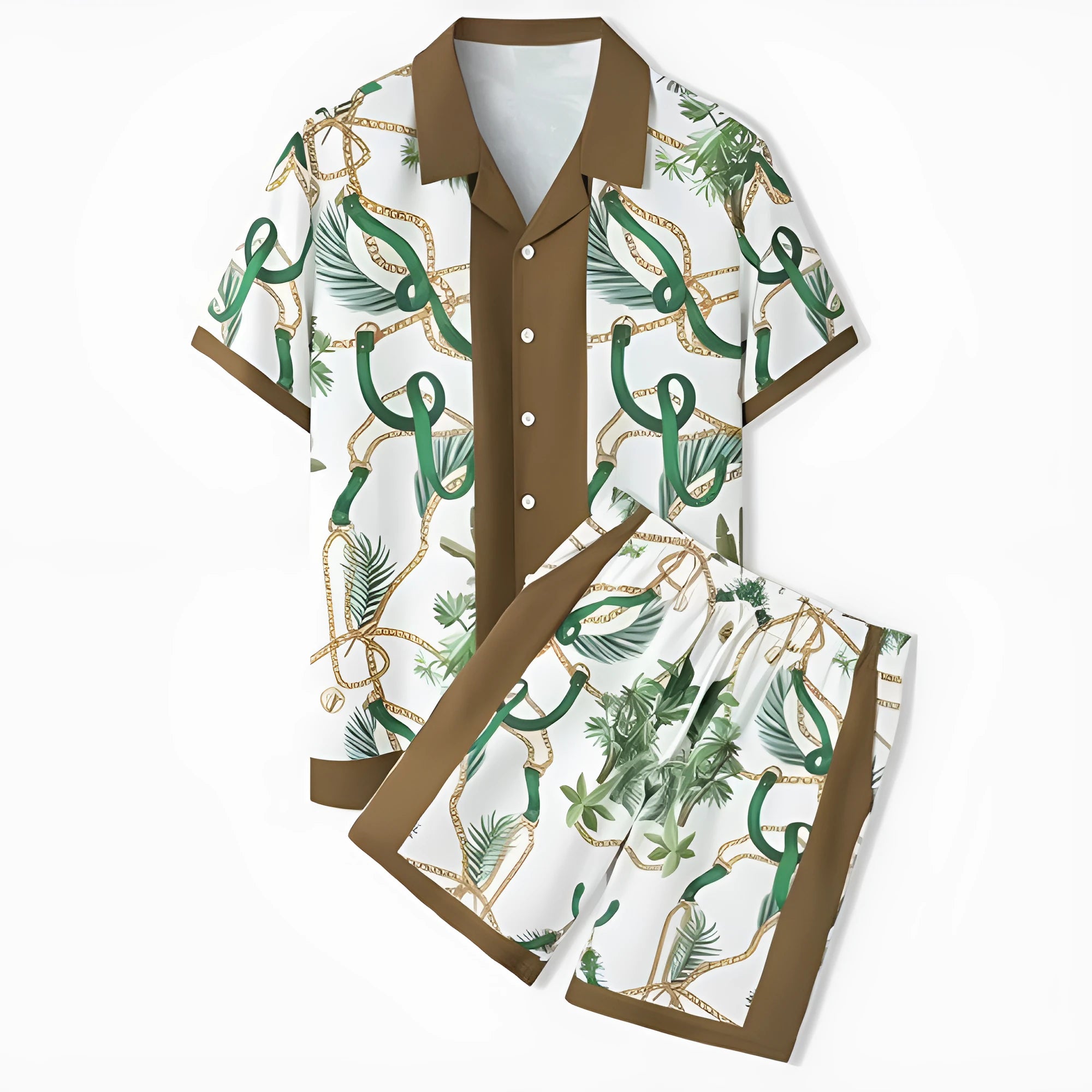 Men's printed plaid beach outfit with short sleeve shirt and trousers in polyester fabric