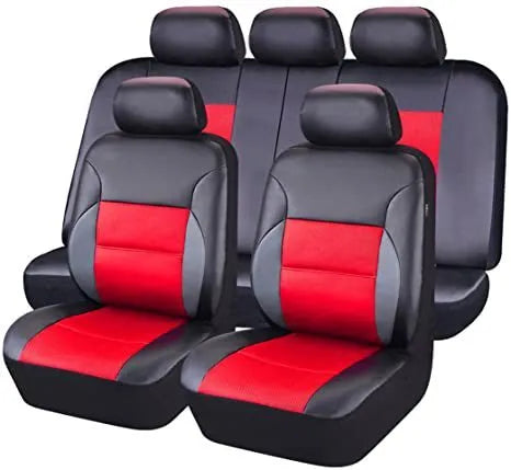 Black artificial leather car seat covers installed on front and rear seats with headrest covers.