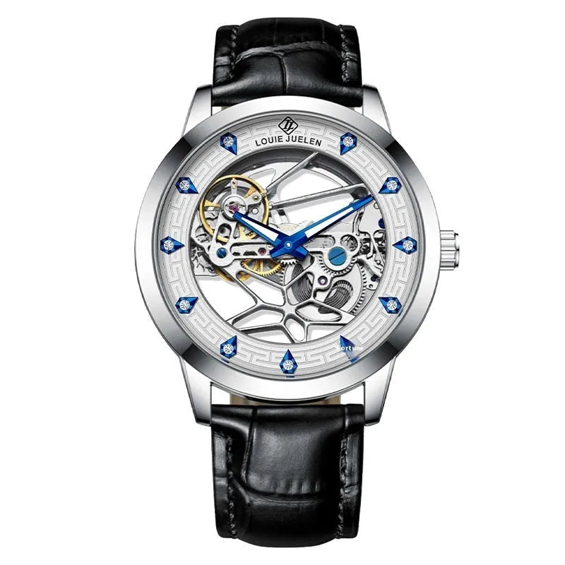 Men's silver mechanical watch with white dial, blue luminous hands, and a black leather strap.