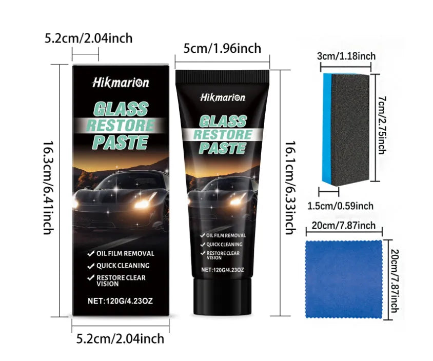 Glass Restore Paste 120g cleaning paste in white pot with sponge and towel for windscreen stain removal and anti-fog