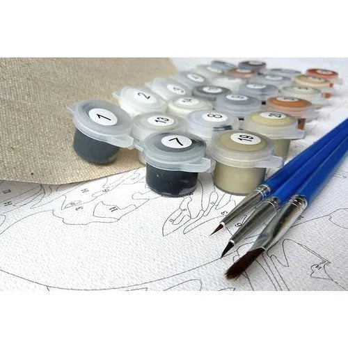 Scared or Surprised cat design paint by numbers kit with canvas, acrylic paints, and brushes