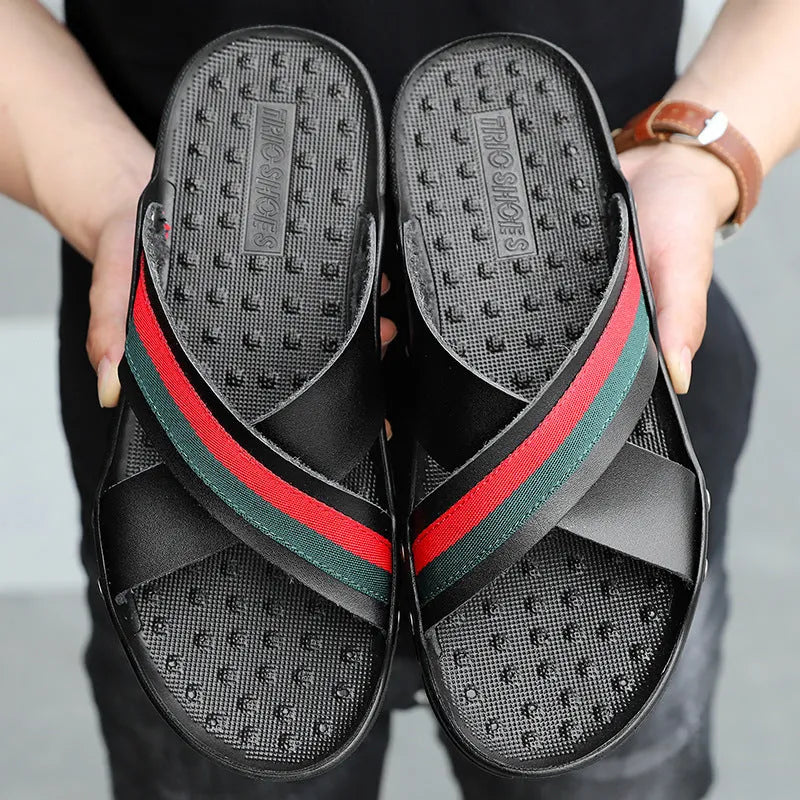 Men's cowhide flip-flop beach shoes with PU sole in white, blue and black colours