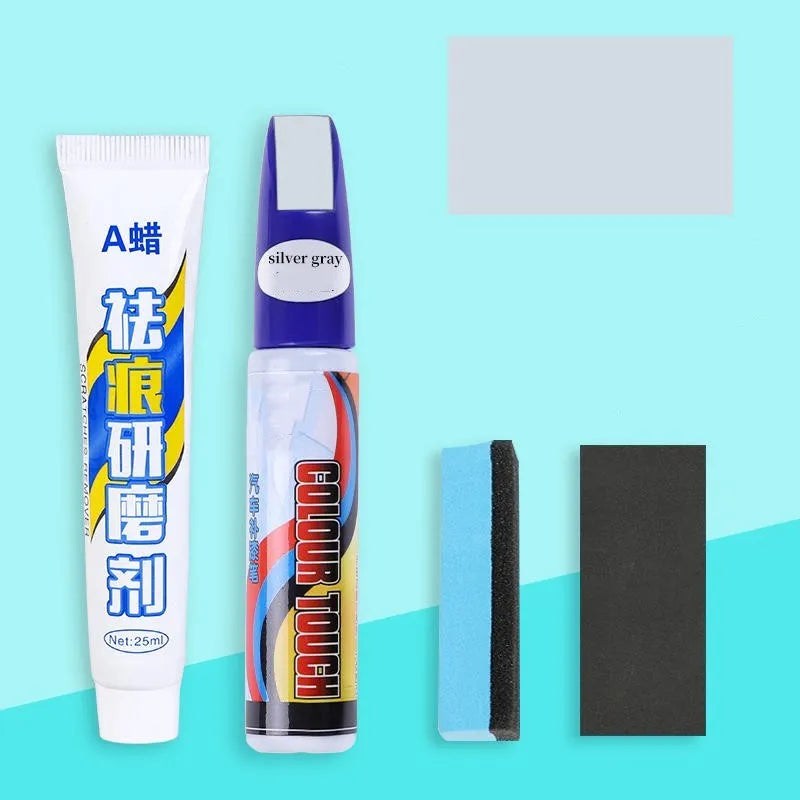Automotive paint repair pen kit with touch-up paint, wax, sponge and sandpaper for car scratch repair