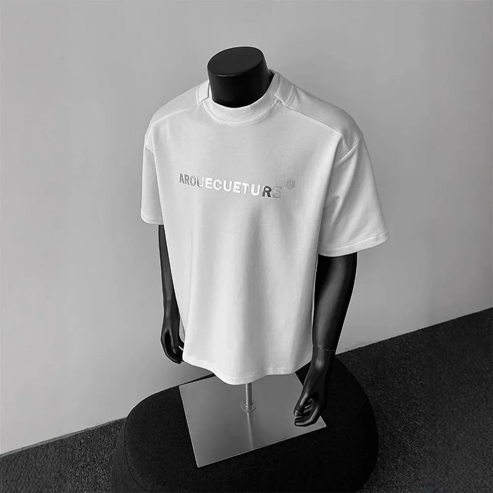 Men's loose-fit cotton short sleeve pullover shirt with letter print in black, white, or light grey