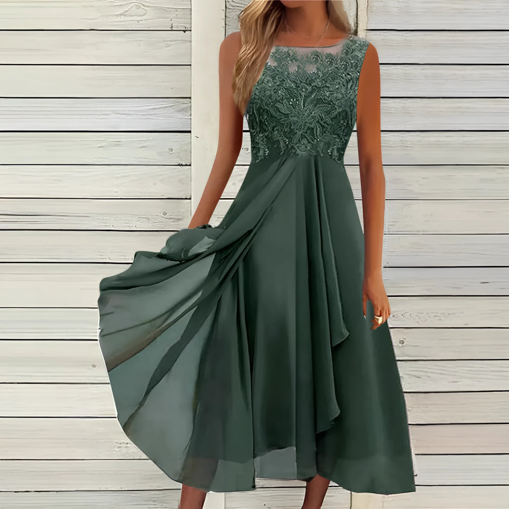 Women's sleeveless chiffon dress with lace hollow-out stitching in green, shown in a mid-length princess style.