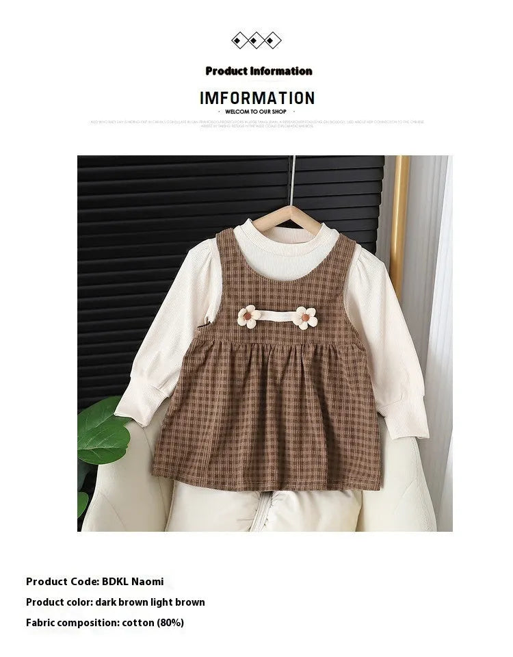 Baby girl cotton blend dress suit with plaid pattern and long sleeves in dark coffee colour
