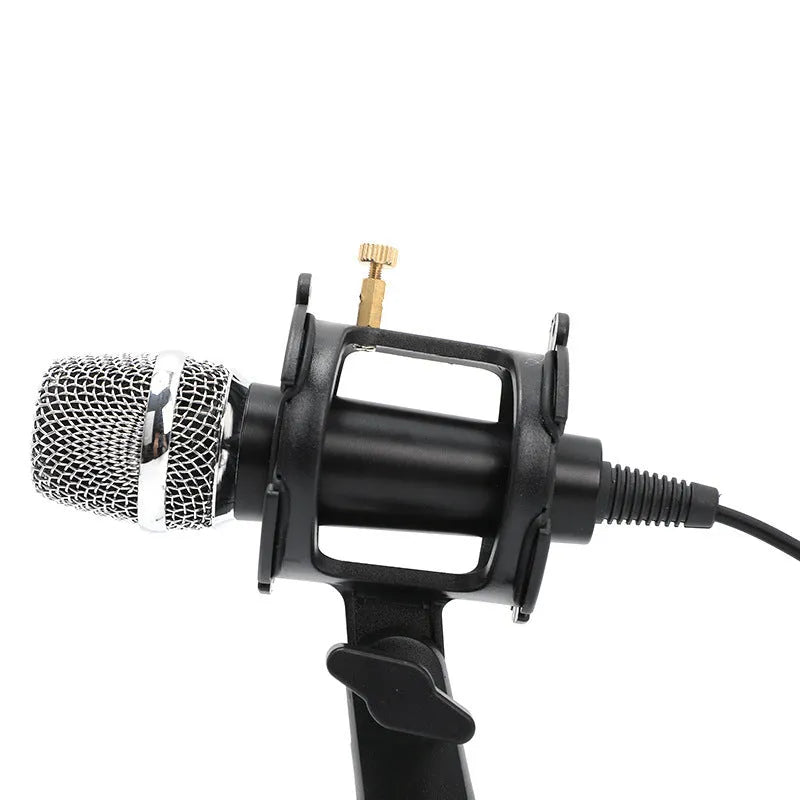 Black condenser microphone on stand with 3.5mm and USB cables for mobile and computer recording