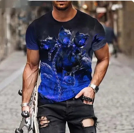Men's grey t-shirt with a detailed fierce 3D lion graphic print on the front.