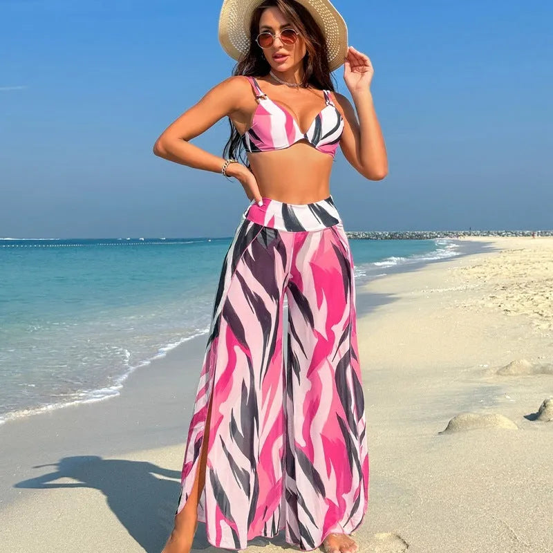 Women's three-piece bikini swimsuit set in polyester fabric with printed pattern design