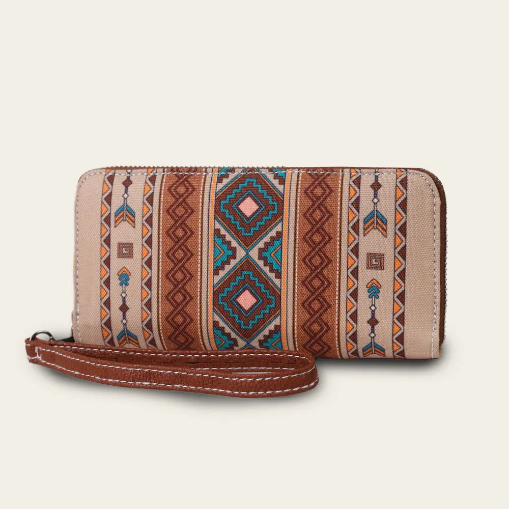 Bohemian striped canvas RFID wallet with wind belt closure in multiple colour options