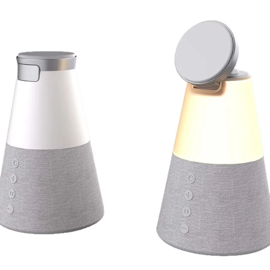 3-in-1 Magnetic Wireless Charging Bluetooth Speaker Night Light in gray finish showing device on a desk
