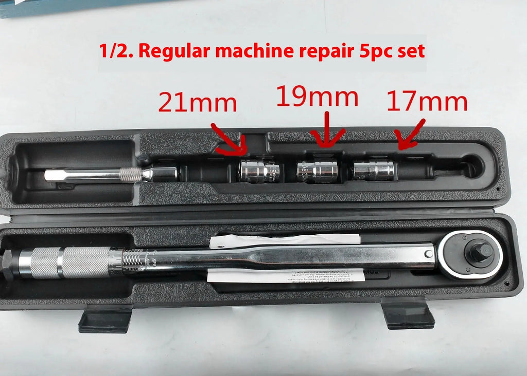 Five-piece preset torque wrench set with sockets and extension rod in plastic case