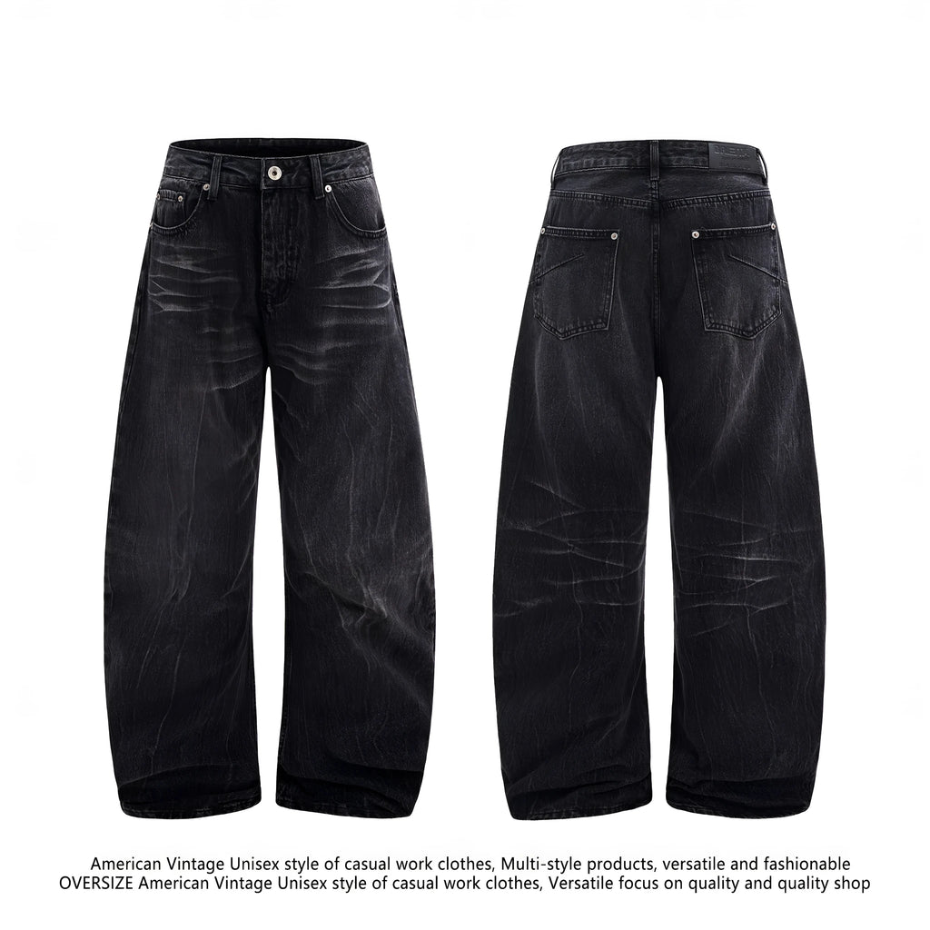 Men's black straight-leg jeans with a distressed lightning crack wash pattern on the legs.