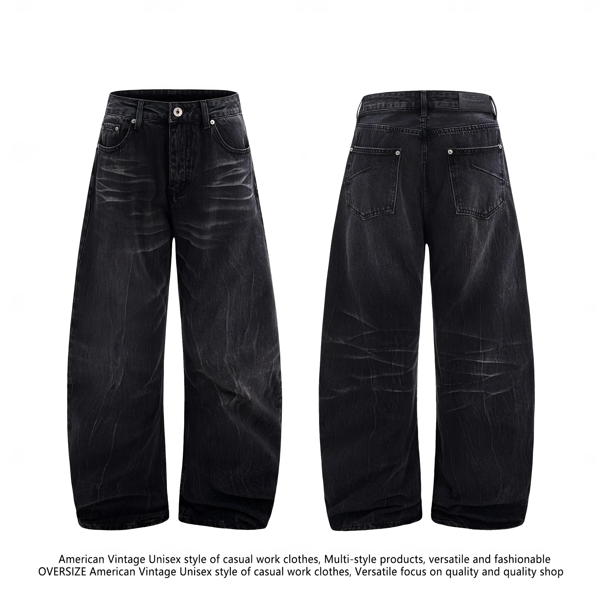 Men's black straight-leg jeans with a distressed lightning crack wash pattern on the legs.