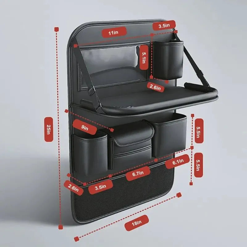 Black PU leather car seat storage bag with foldable table tray attached to a car back seat